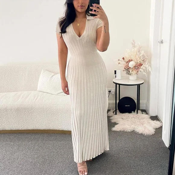 DaniThegirl | Dresses | Short Sleeve Vneck Rib Knit Polo Maxi Dress |  Poshmark
